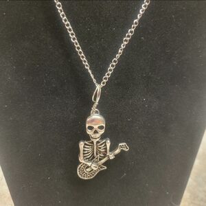 Silver Chain and Silver Skeleton with Guitar Charm Necklace